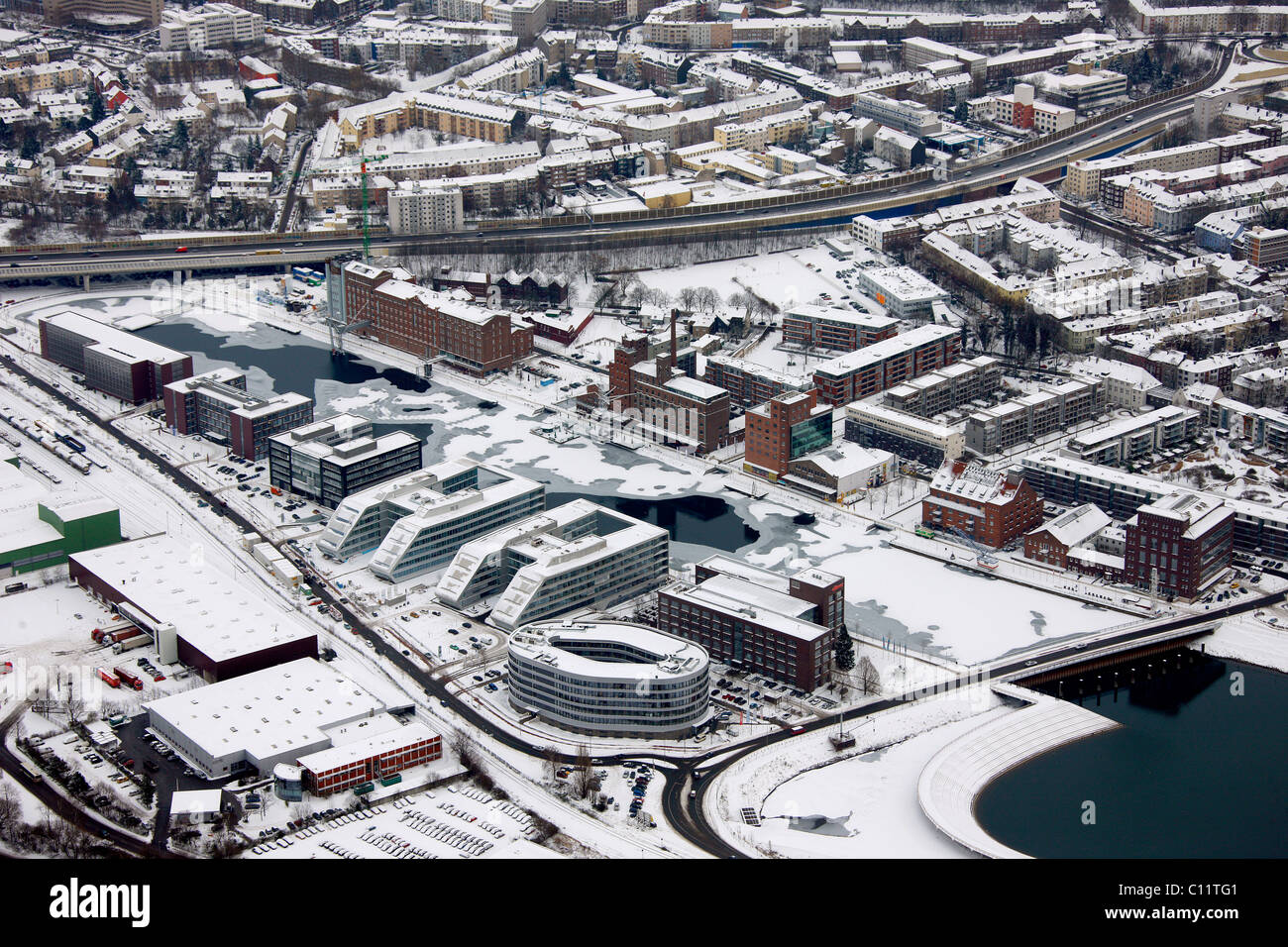 Aerial view, Alltours headquarters, Innenhafen harbor, Duisburg, Ruhrgebiet region, North Rhine-Westphalia, Germany, Europe Stock Photo