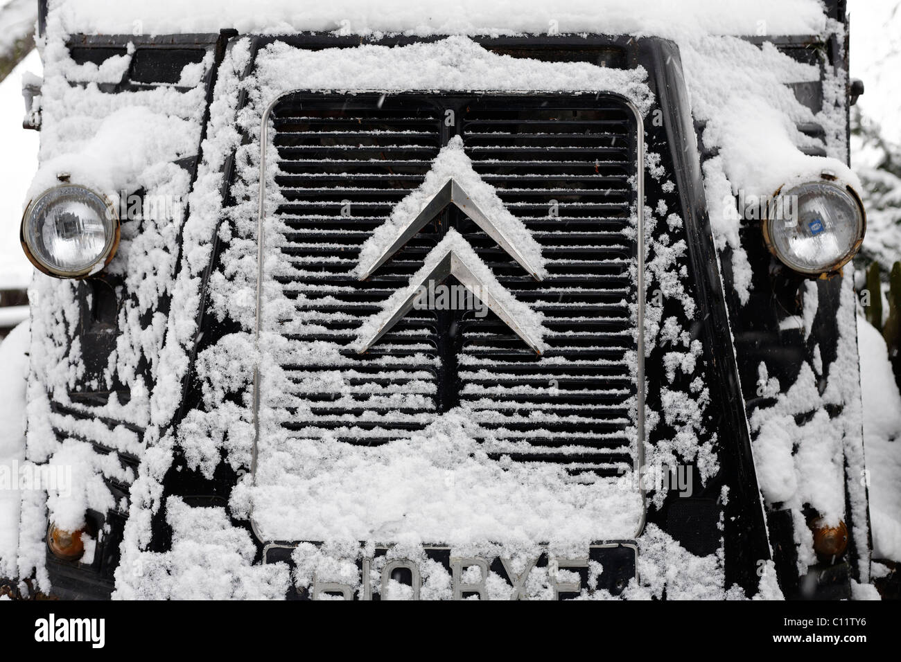 Logo on the radiator of a Citroen van, vintage cars, snow Stock Photo