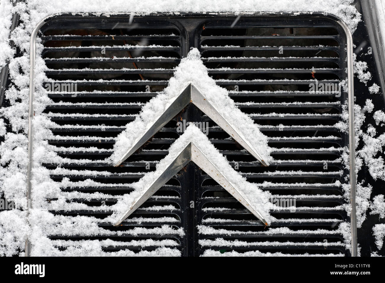 Logo on the radiator of a Citroen van, vintage cars, snow Stock Photo