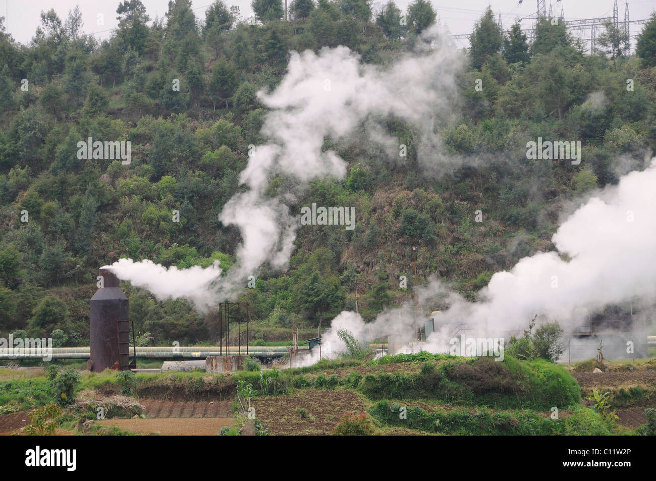 Steam pipes of the geothermal power plant, volcanism on the Dieng Plateau, Central Java, Indonesia, Southeast Asia Stock Photo