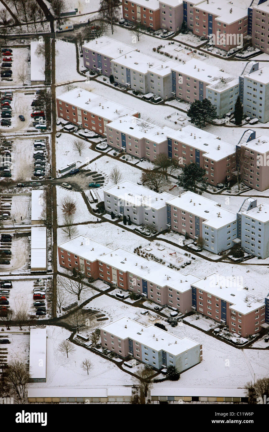 Aerial view, apartment buildings, Boele, snow, Garenfeld, Hagen, North