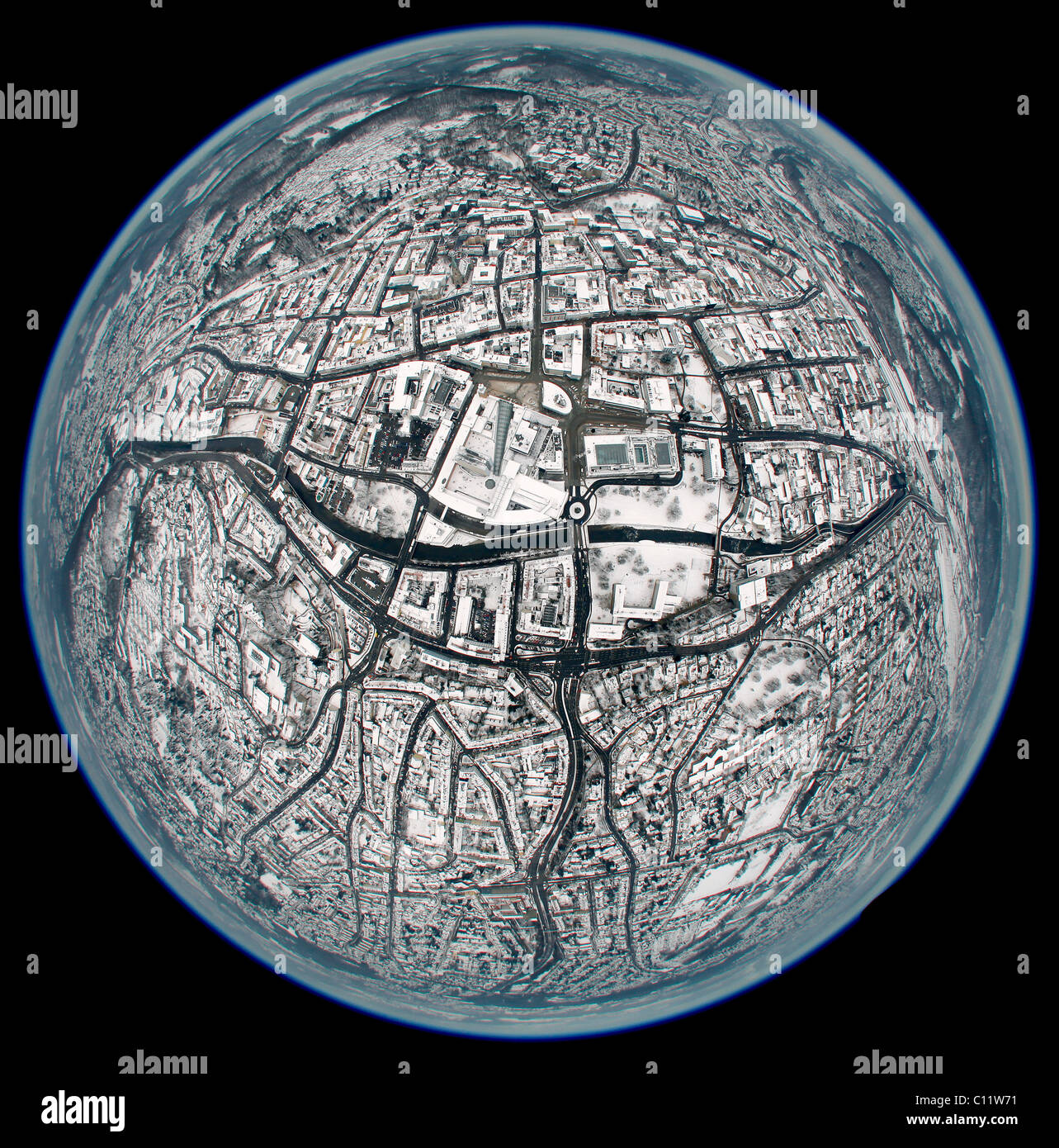 Aerial view fisheye 360 degree panorama snow Karl Ernst