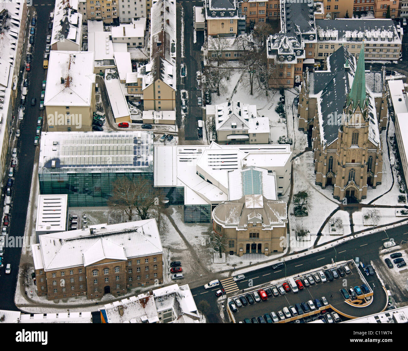 Aerial view, snow, Karl-Ernst-Osthaus Museum, Hagen, North Rhine-Westphalia, Germany, Europe Stock Photo