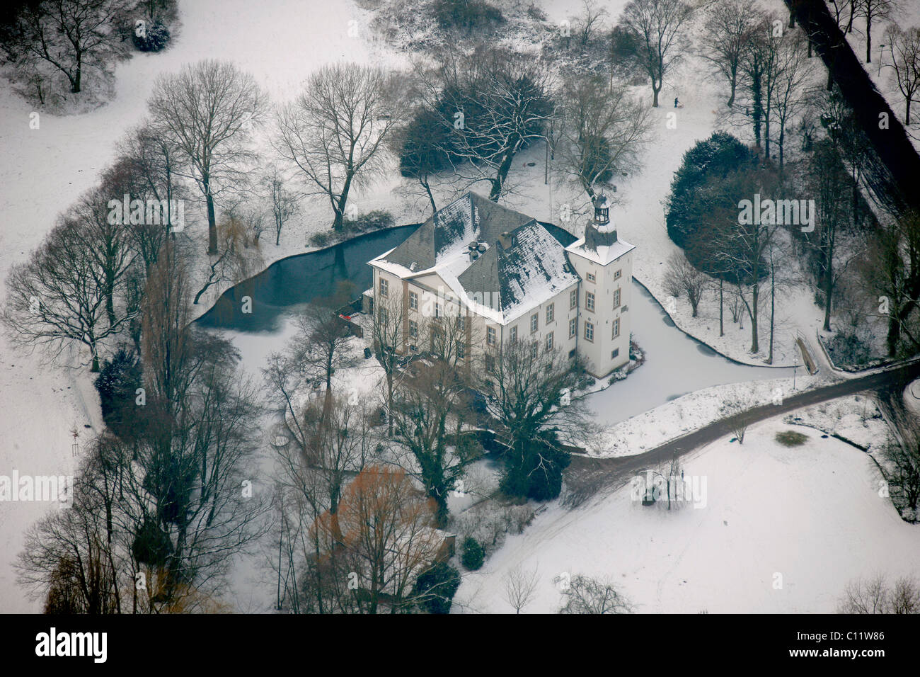 Aerial view, Haus Voerde moated castle, listed building, Voerde, Niederrhein region, North Rhine-Westphalia, Germany, Europe Stock Photo