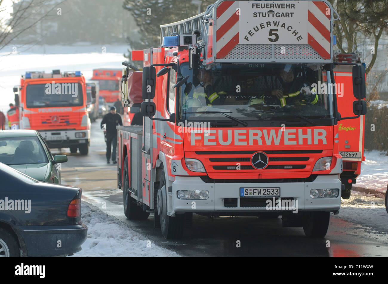 The fire department rescue workers in action after a house fire, Stuttgart, Baden-Wuerttemberg, Germany, Europe Stock Photo