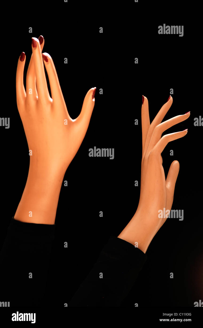 Model hands, blacj backdrop, Sylvia Buechele jewelry and accessories, Nuremberg, Middle Franconia, Bavaria, Germany, Europe Stock Photo