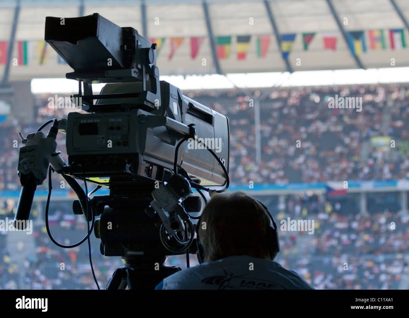 Cameraman filming at a sporting event in the Olympic Stadium in Berlin, Germany, Europe Stock Photo