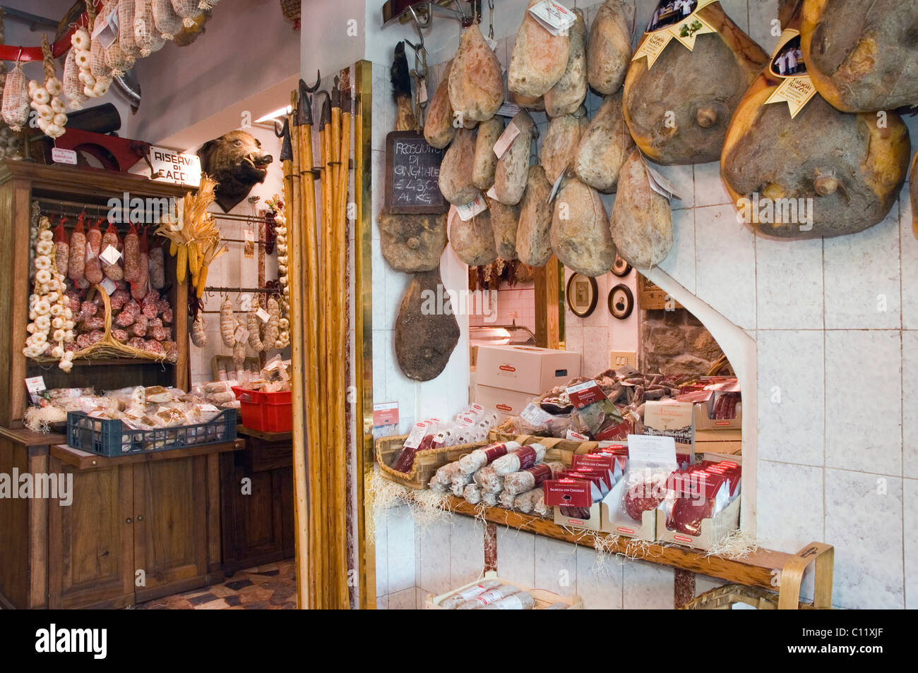 Ham in a delicatessen shop, Norcineria Falorni, Greve, Chianti, Tuscany, Italy, Europe Stock Photo