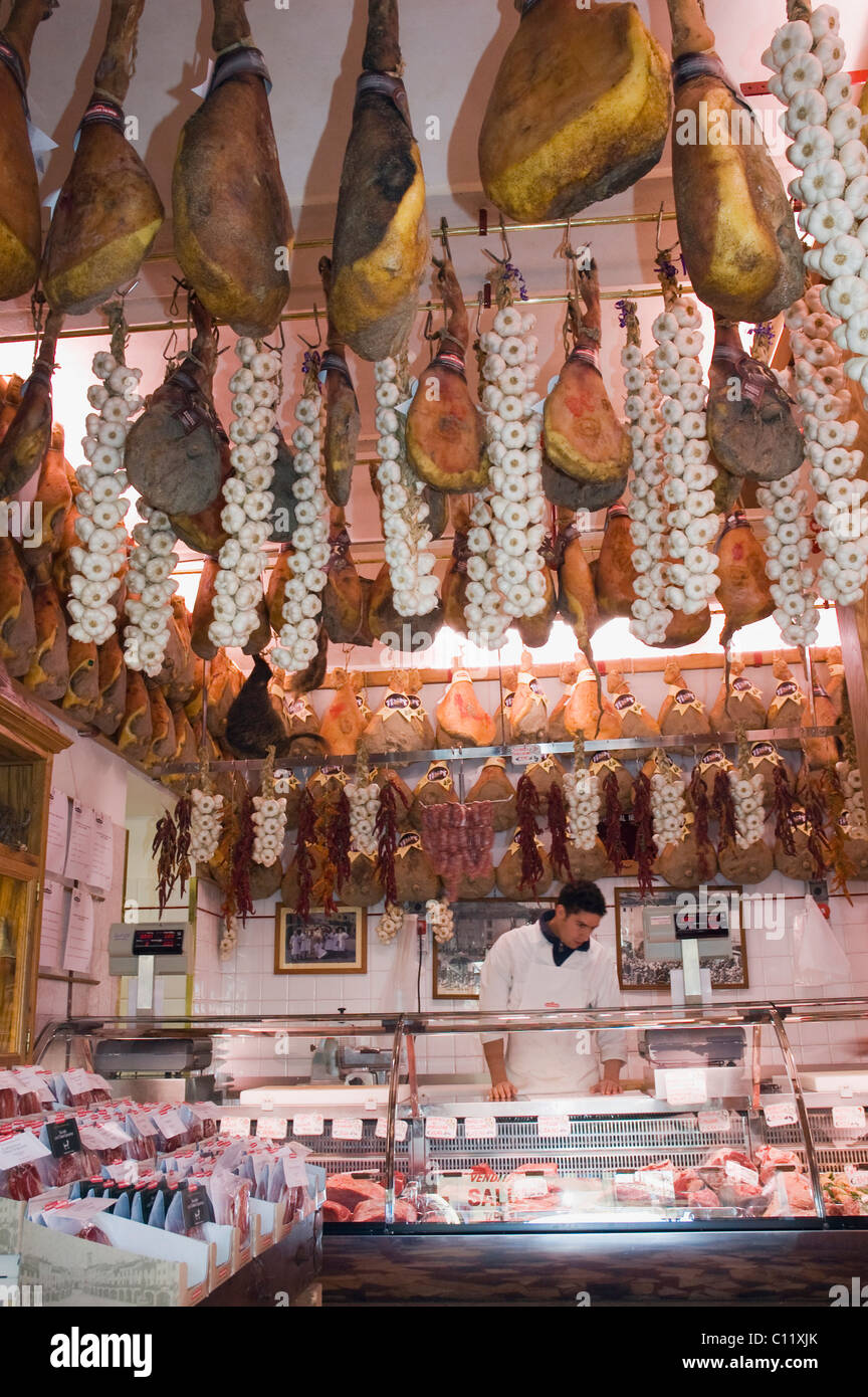 Ham in a delicatessen shop, Norcineria Falorni, Greve, Chianti, Tuscany