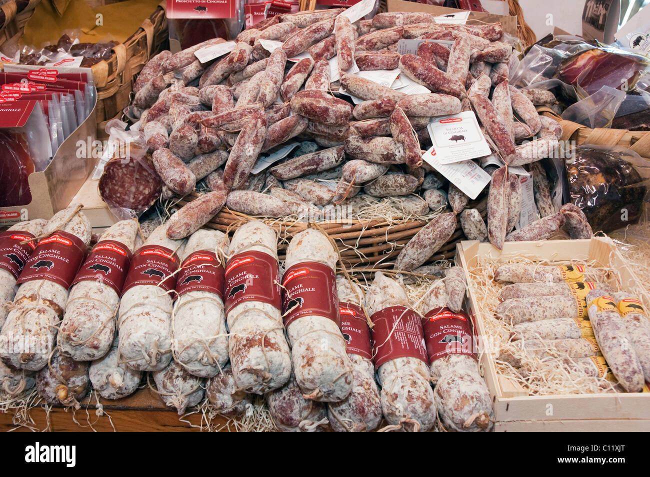 Wild boar salami in a delicatessen shop, Norcineria Falorni, Greve, Chianti, Tuscany, Italy, Europe Stock Photo