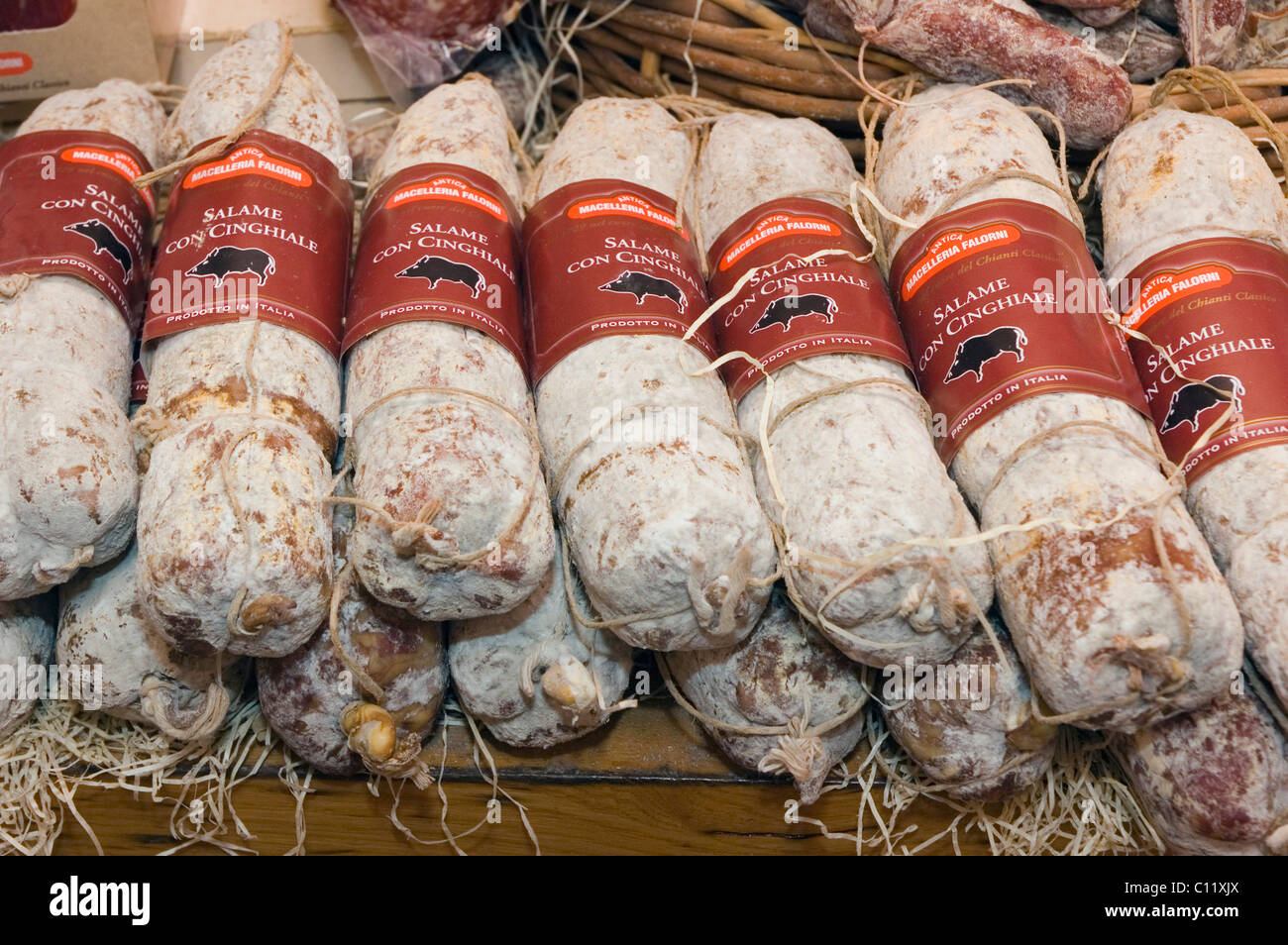 Wild boar salami in a delicatessen shop, Norcineria Falorni, Greve