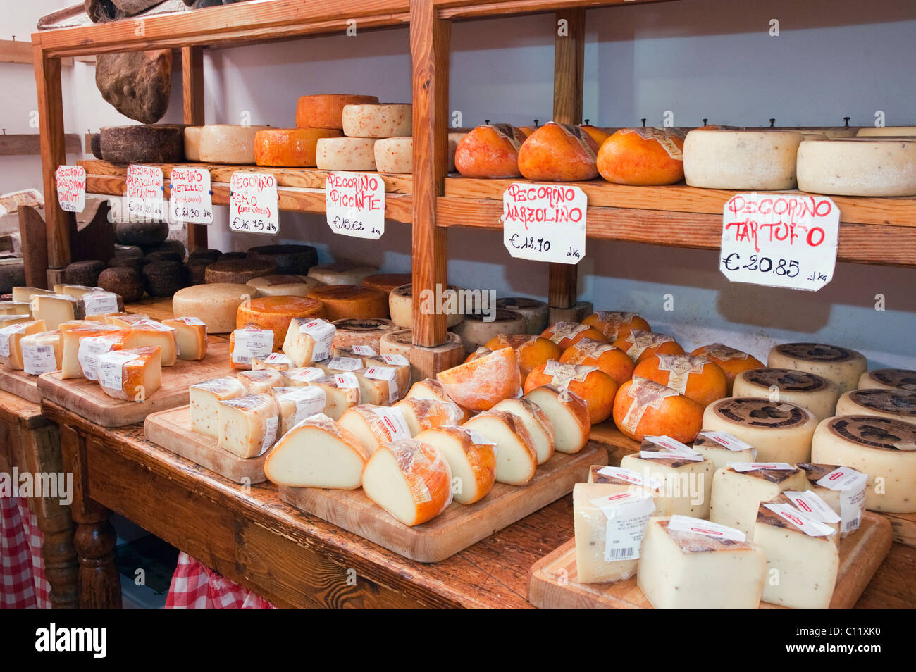 Pecorino cheese in a delicatessen shop, Norcineria Falorni, Greve