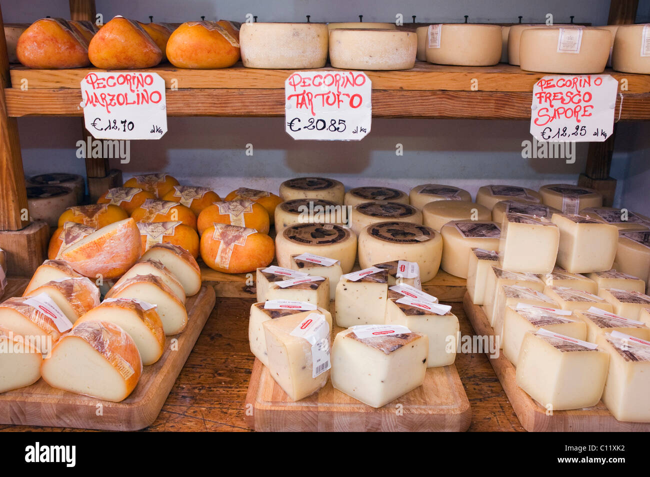 Pecorino cheese in a delicatessen shop, Norcineria Falorni, Greve