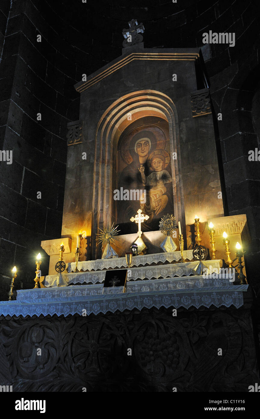 Altar in the Armenian orthodox church of St. Hripsime with Virgin Mary and Jesus, UNESCO World Heritage Site, Echmiadzin Stock Photo