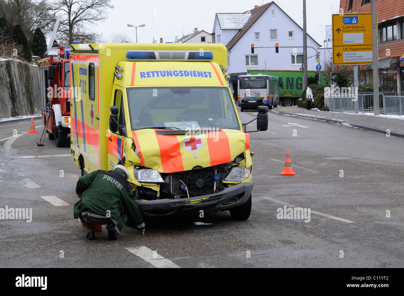 Ambulance vehicle of the German Red Cross has had an accident during service, Marbach, Baden-Wuerttemberg, Germany, Europe Stock Photo