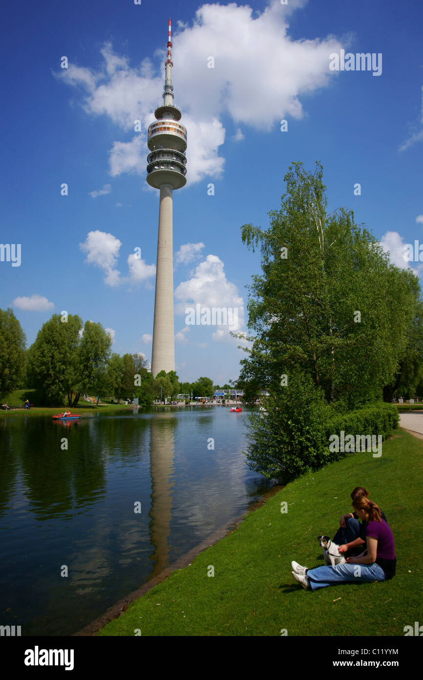 Olympic Lake, Olympic Tower, Olympic Park, Munich, Bavaria, Germany, Europe Stock Photo