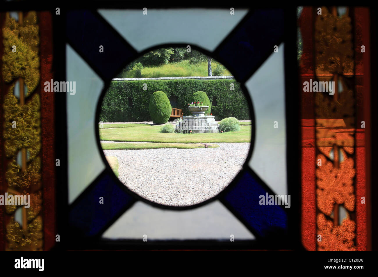 Stained glass window overlooking the garden, Abbotsford House, home of Sir Walter Scott