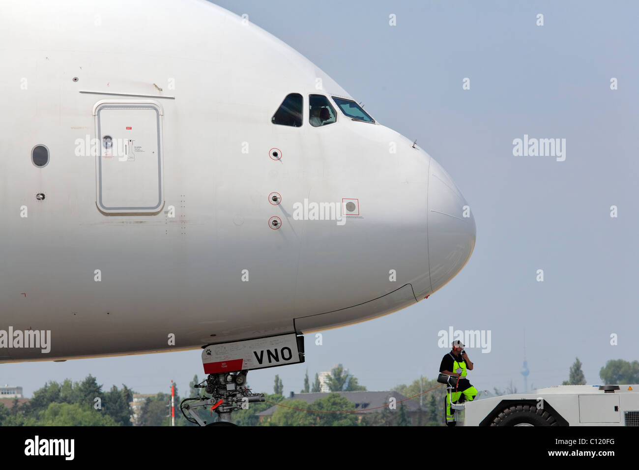 Airbus A-380 large aircraft, employees Stock Photo