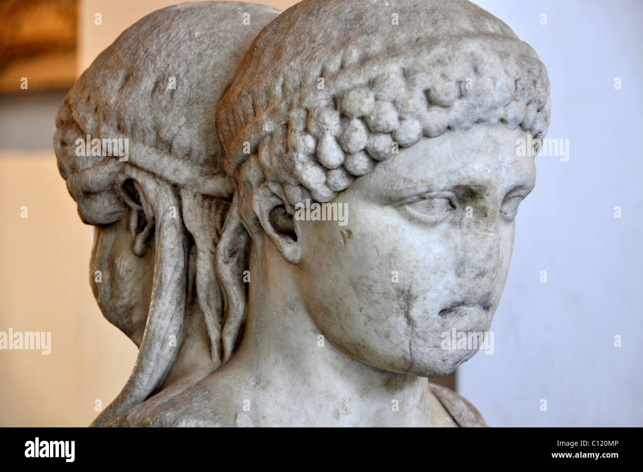 Double herm of god Dionysus young and mature, Museo Palatino, Palatino, Rome, Lazio, Italy, Europe Stock Photo