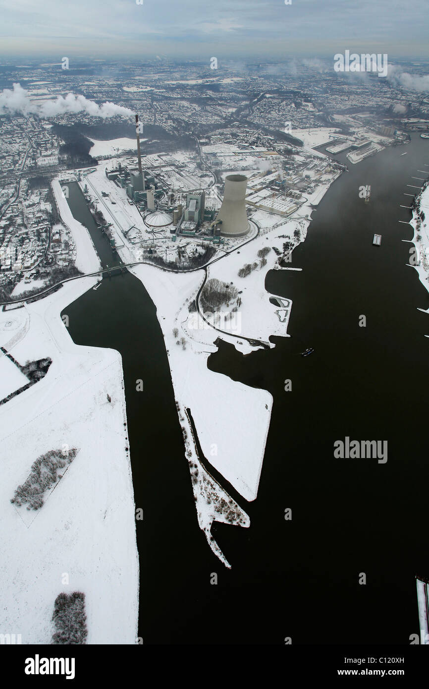 Aerial photo, construction site, Walsum Steal EVONIK STEAG coal power station, Snow, Duisburg, Rhein, North Rhine-Westphalia Stock Photo