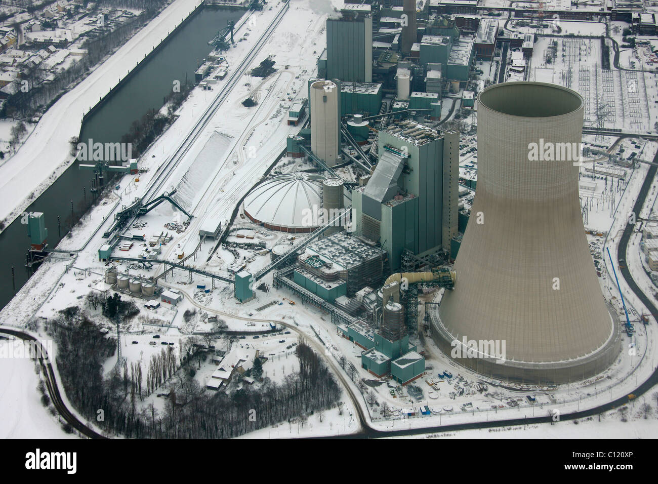 Aerial photo, cooling towers, construction site, Walsum Steal EVONIK STEAG coal power station, Snow, Duisburg, Rhein Stock Photo
