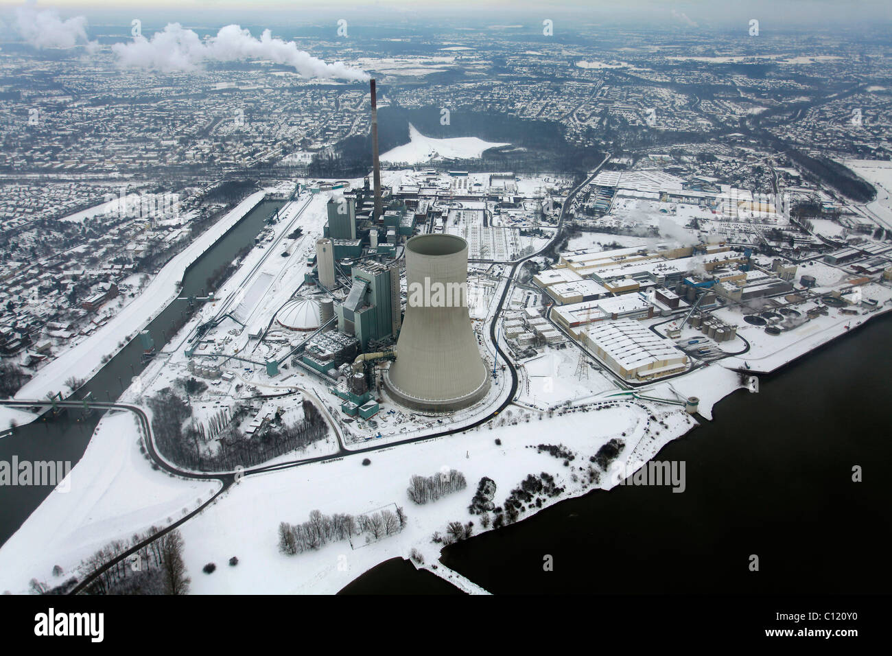Aerial photo, cooling tower, construction site, Walsum Steal EVONIK STEAG coal power station, Snow, Duisburg, Rhein Stock Photo