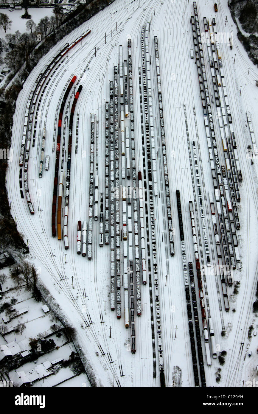 Aerial view, railway yard, freight trains, snow, Hamborn Meiderich, Duisburg, Ruhr, North Rhine-Westphalia, Germany, Europe Stock Photo