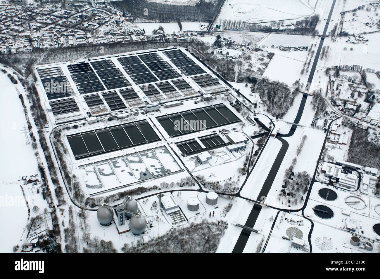 Aerial photo, Emscher sewage works, snow, Duisburg, Ruhr, North Rhine-Westphalia, Germany, Europe Stock Photo