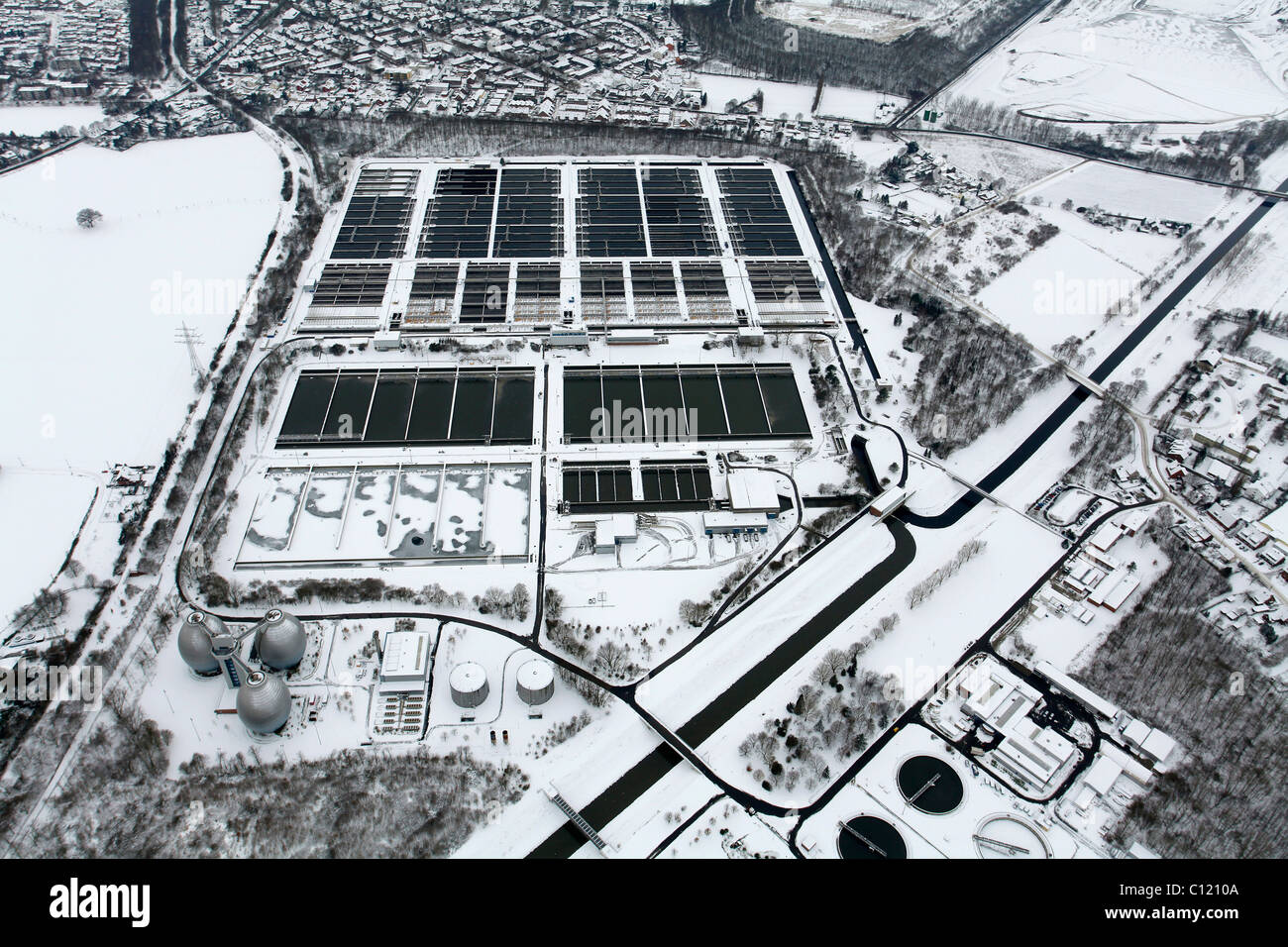 Aerial photo, Emscher sewage works, snow, Duisburg, Ruhr, North Rhine-Westphalia, Germany, Europe Stock Photo