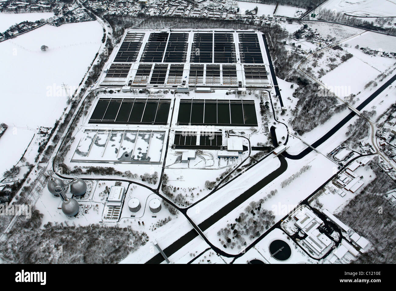 Aerial photo, Emscher sewage works, snow, Duisburg, Ruhr, North Rhine-Westphalia, Germany, Europe Stock Photo