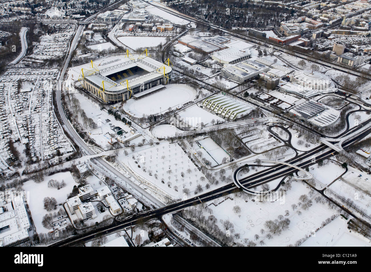 Aerial view, Westfalenhalle venue, Goldsaal venue, SignalIduna Stadion stadium, Stadion Rote Erde stadium, B54 highway, snow Stock Photo