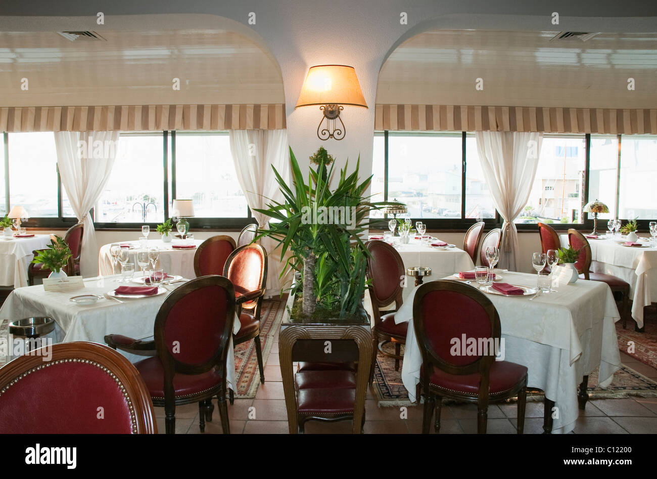 Set tables in the restaurant, L'Oca Bianca, Viareggio, Tuscany, Italy, Europe Stock Photo