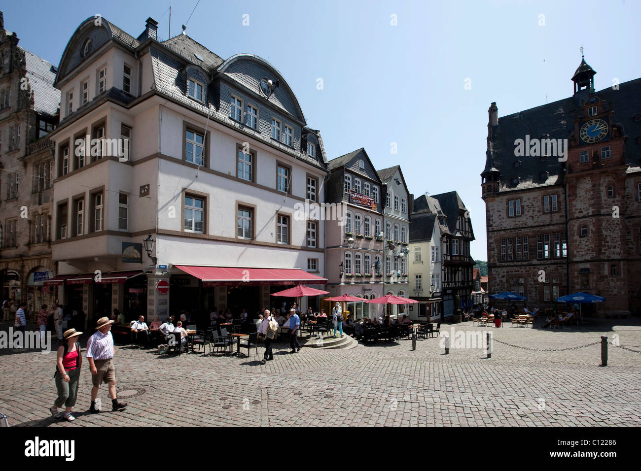 Marketplace with restaurants, old town of Marburg, Hesse, Germany