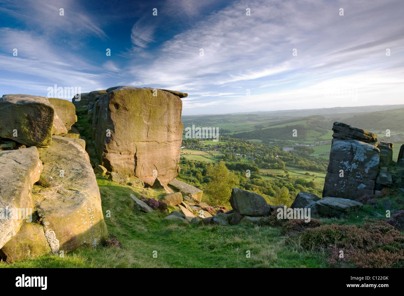 Gritstone rock formations at Curbar Edge, Derbyshire with flowering