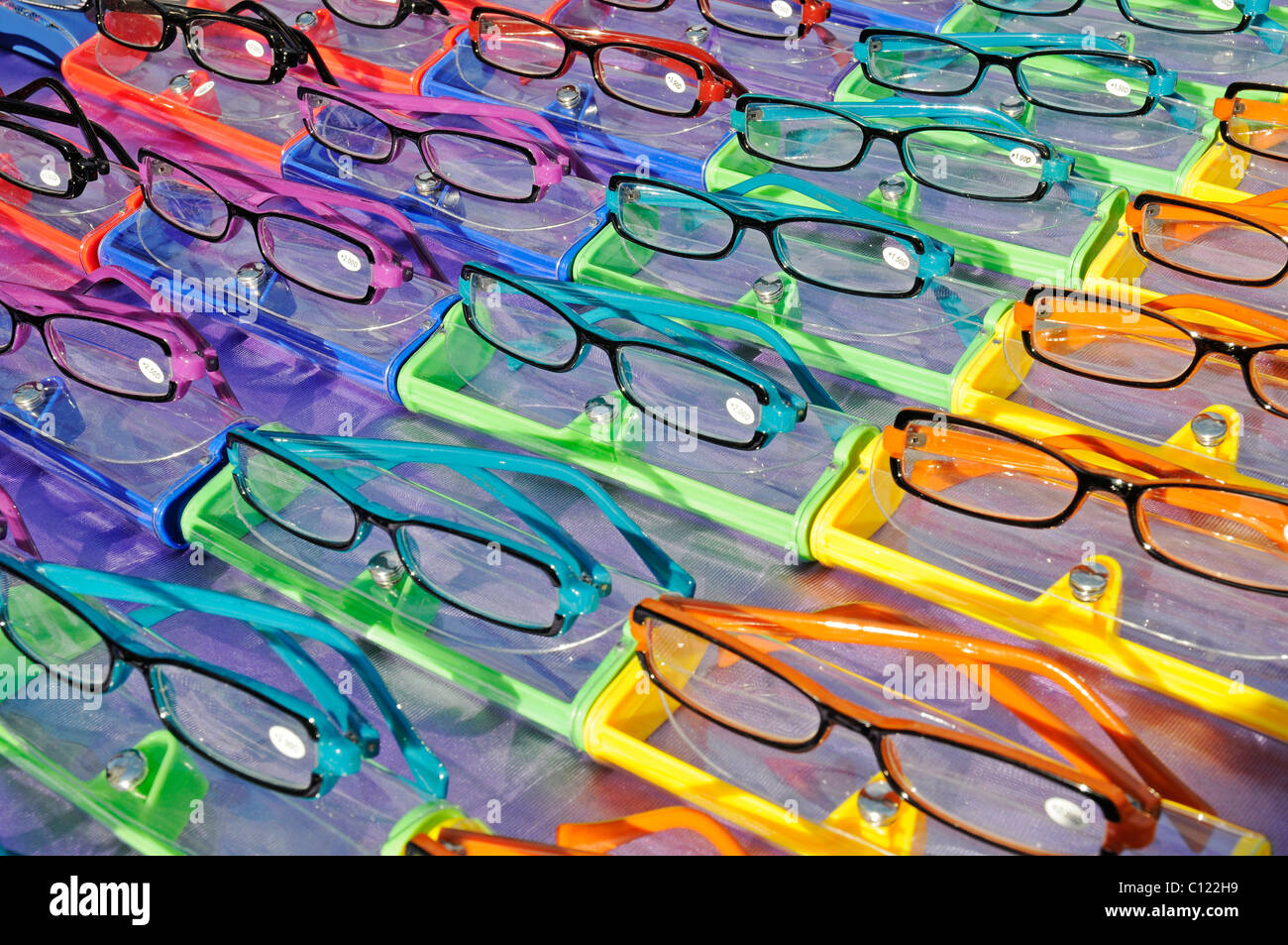 Colourful reading glasses for dale at a weekly market, Altea, Costa Blanca, Alicante province, Spain, Europe Stock Photo