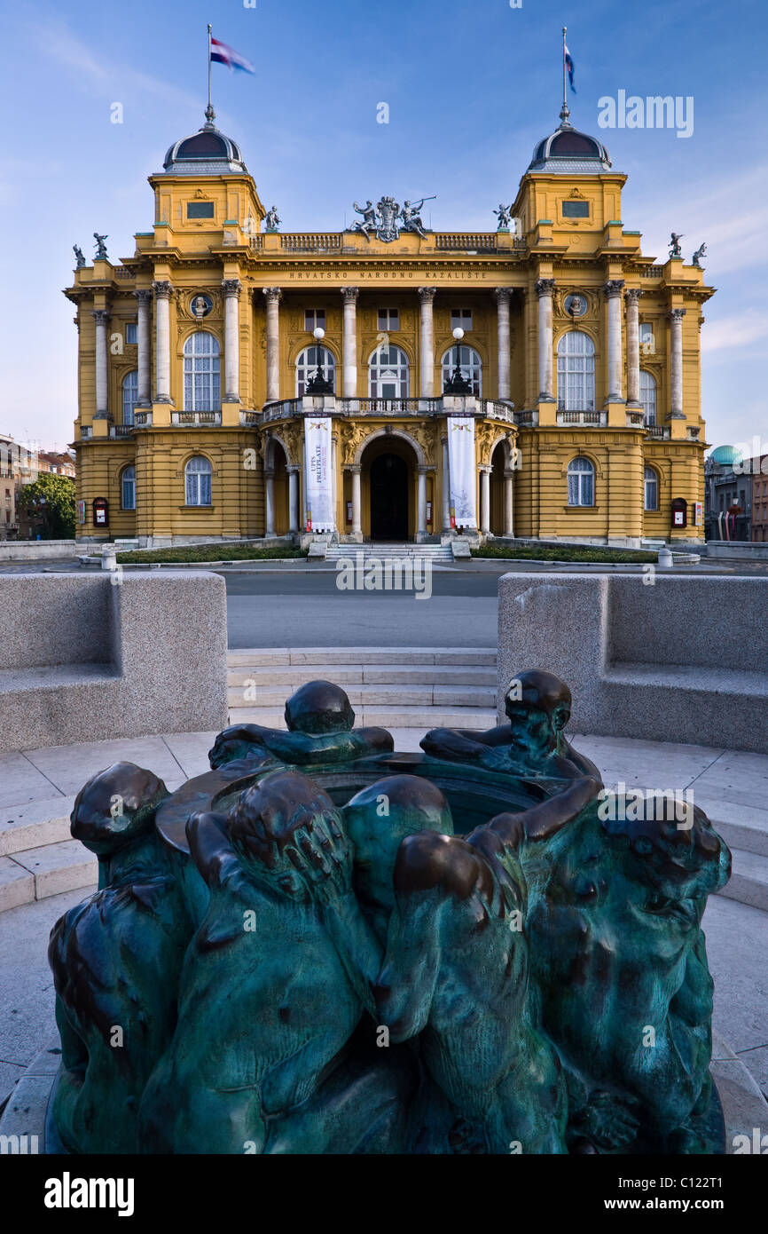 Croatian National Theater and the Well of life monument, Zagreb, Croatia Stock Photo