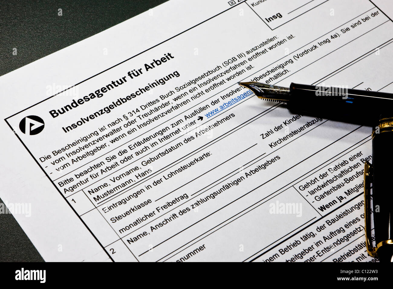 Form for submission to the Bundesagentur fuer Arbeit Federal Employment Agency, insolvency certificate according to the Social Stock Photo