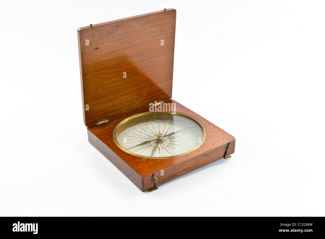 Old marine compass encased in wood Stock Photo Alamy