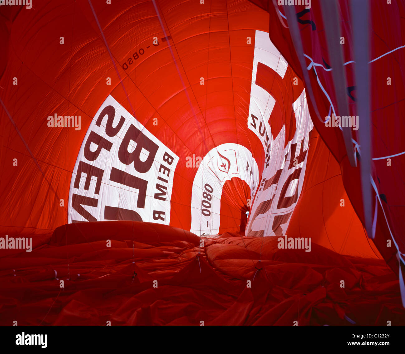 View inside a red hot air balloon while being deflated, Allgäu in Upper Bavaria, Bavaria, Germany Stock Photo