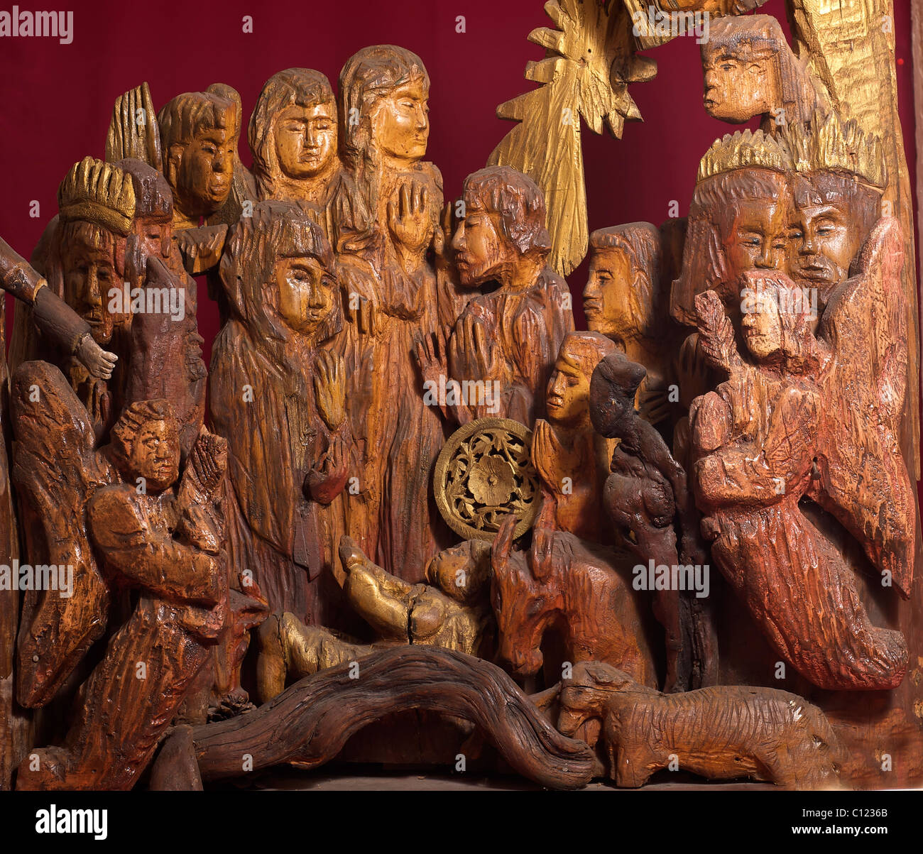 carved wood sculpture: nativity scene Stock Photo