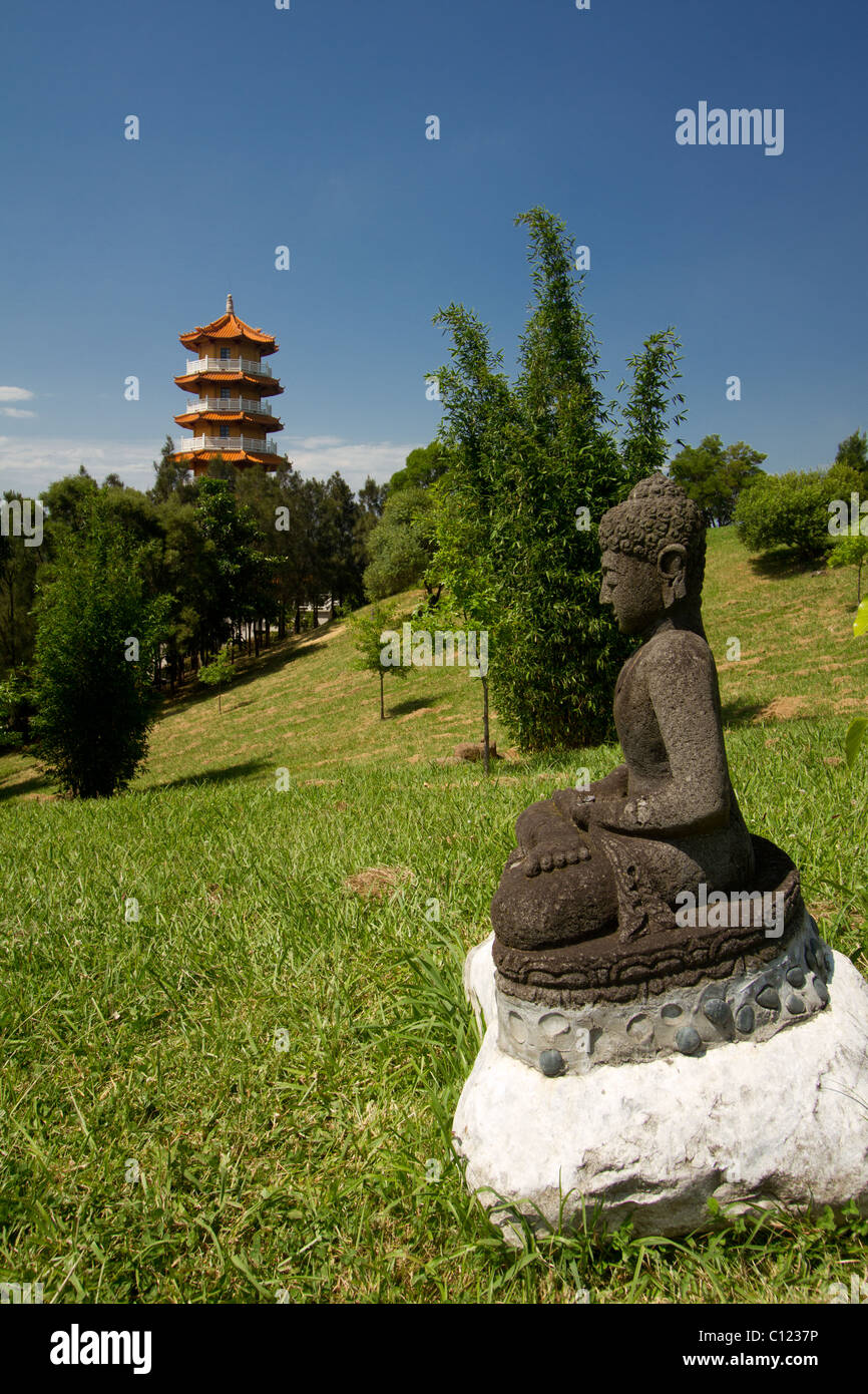 Buddha statue and distant pagoda. Stock Photo