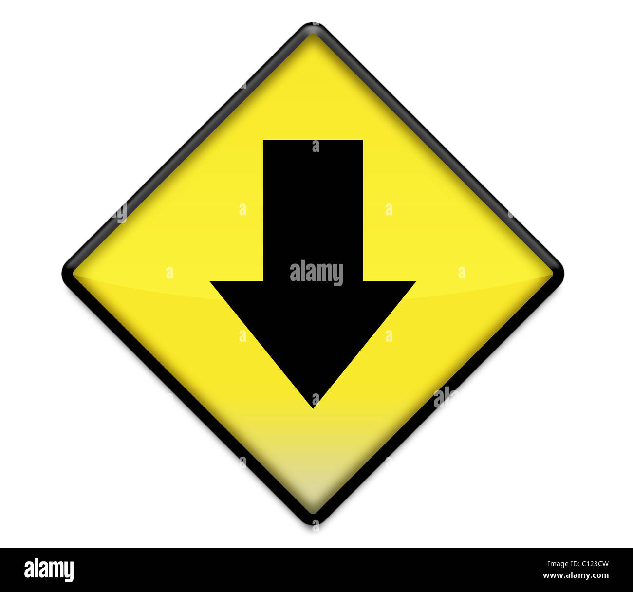 Yellow construction sign with arrow pointing down Stock Photo Alamy