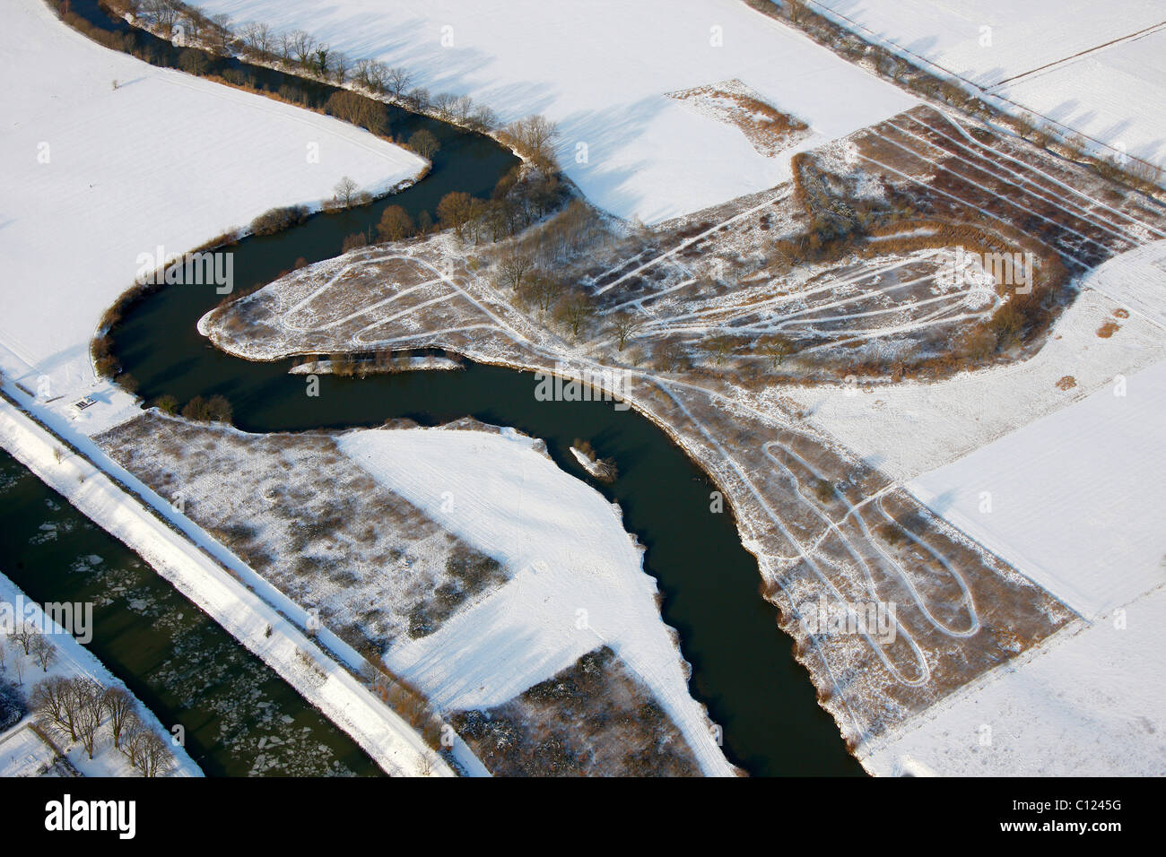 Aerial photo, Lippemaeander, river restoration, flood control, Hamm, Ruhr Area, North Rhine-Westphalia, Germany, Europe Stock Photo