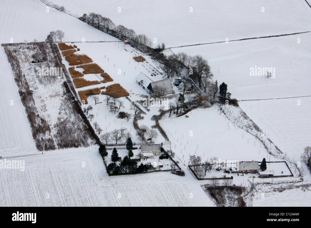 Aerial photo, Emscherquellhof, farmyard, Emschergenossenschaft, Emscherquelle, Holzwickede, Ruhr Area, North Rhine-Westphalia Stock Photo