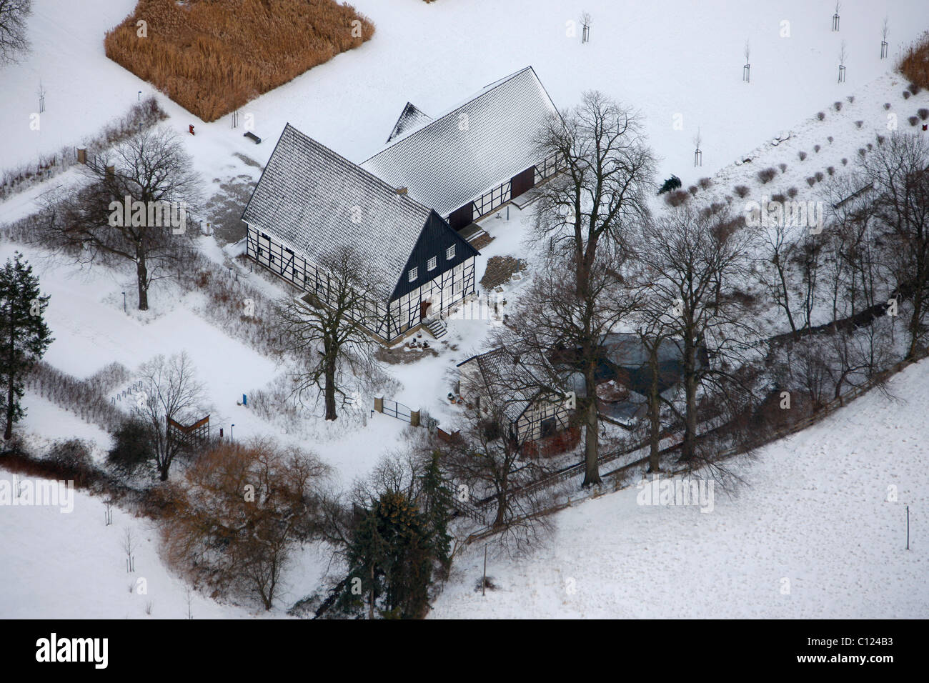 Aerial photo, Emscherquellhof, farmyard, Emschergenossenschaft, Emscherquelle, Holzwickede, Ruhr Area, North Rhine-Westphalia Stock Photo