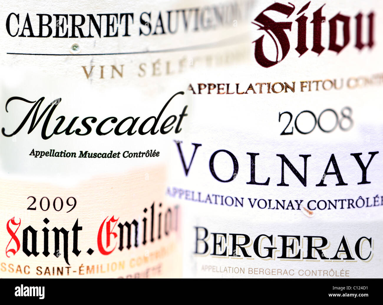 French Wine Labels: Cabernet Sauvignon, Fitou, Muscadet, Volnay, Saint-Emilion, Bergerac Stock Photo