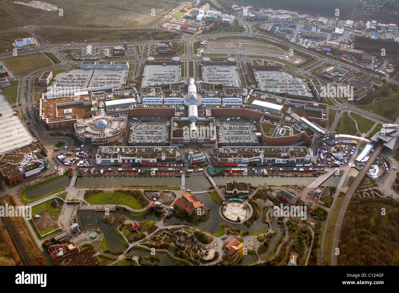 Aerial view, Neue Mitte industrial park, Christmas market at the Centro Galerie mall, Oberhausen, Ruhrgebiet region Stock Photo