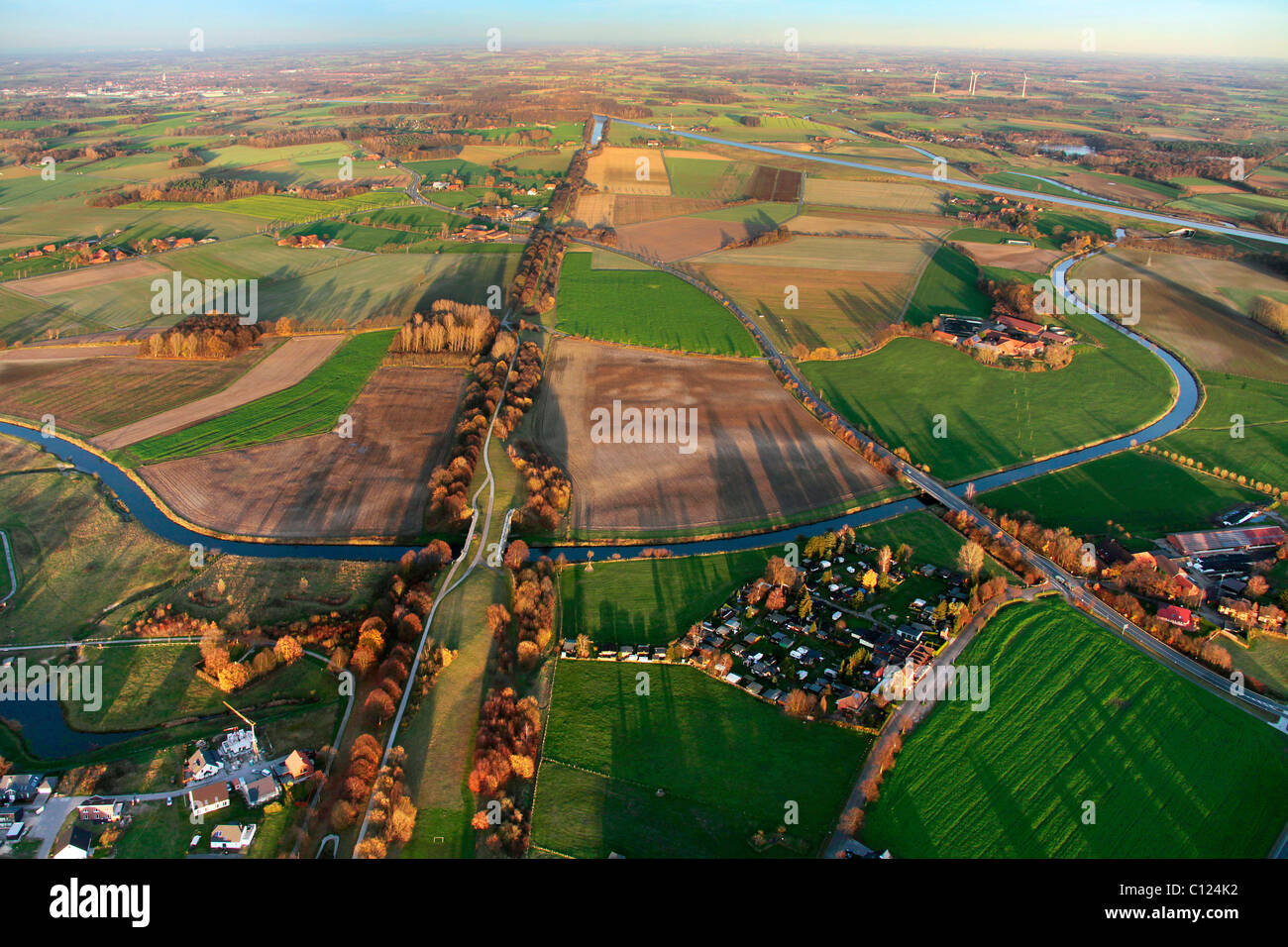 Aerial view, meandering river Stever, Olfen, Muensterland region, North Rhine-Westphalia, Germany, Europe Stock Photo