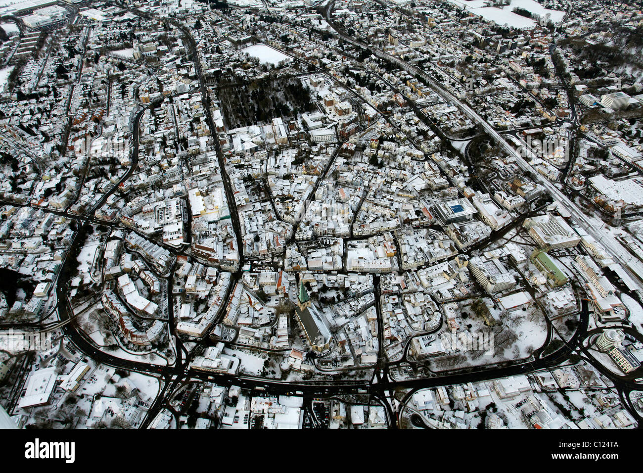Aerial view, inner city ring road, Unna in the snow, Ruhrgebiet region, North Rhine-Westphalia, Germany, Europe Stock Photo
