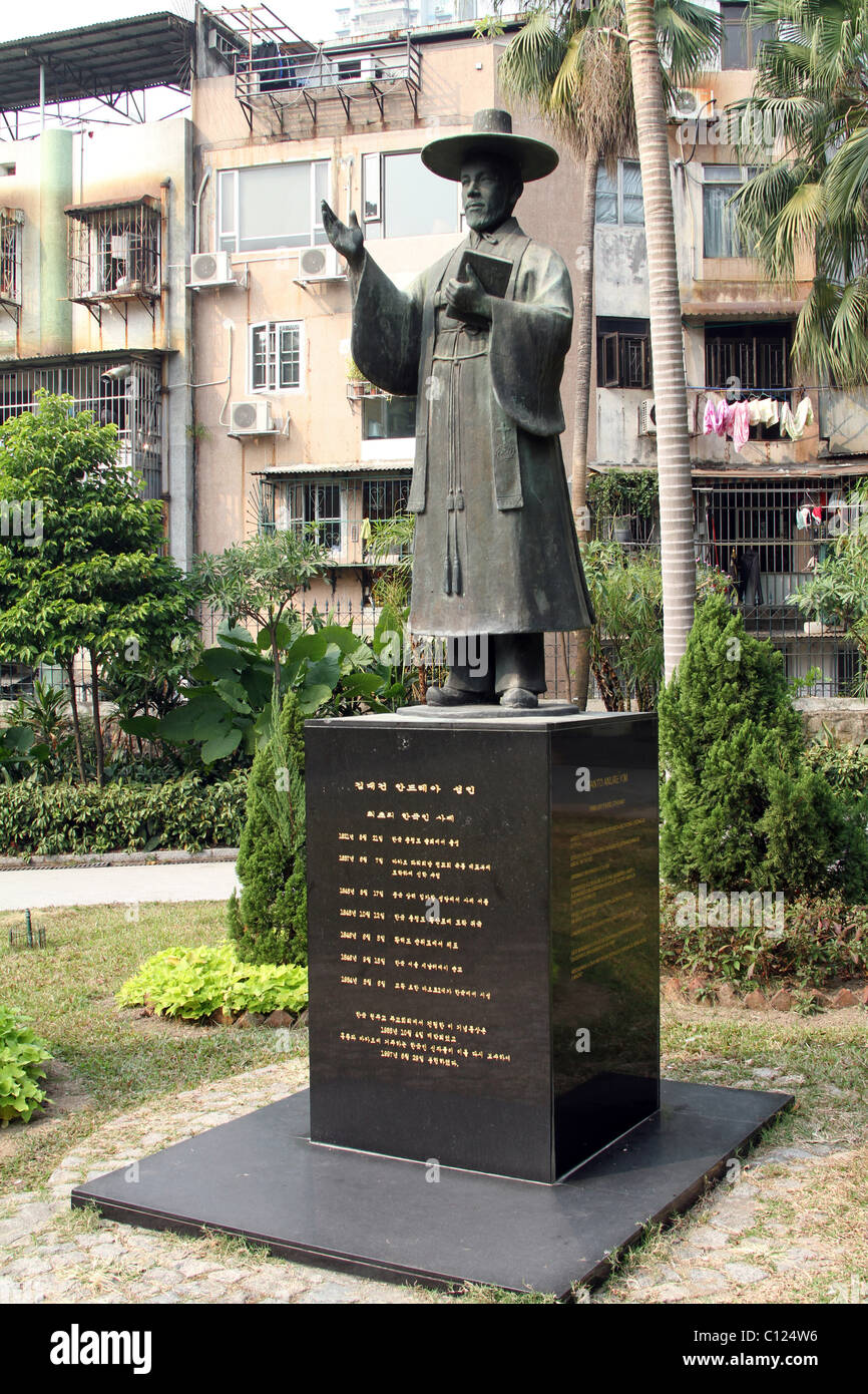Statue of Saint Andrew Kim Taegon (Santo Andre Kim) the first Korean born Catholic Priest, Macau, China Stock Photo